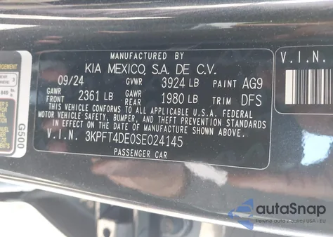 2025 Kia K4 Lxs из США, поврежденный, VIN 3KPFT4DE0SE024145